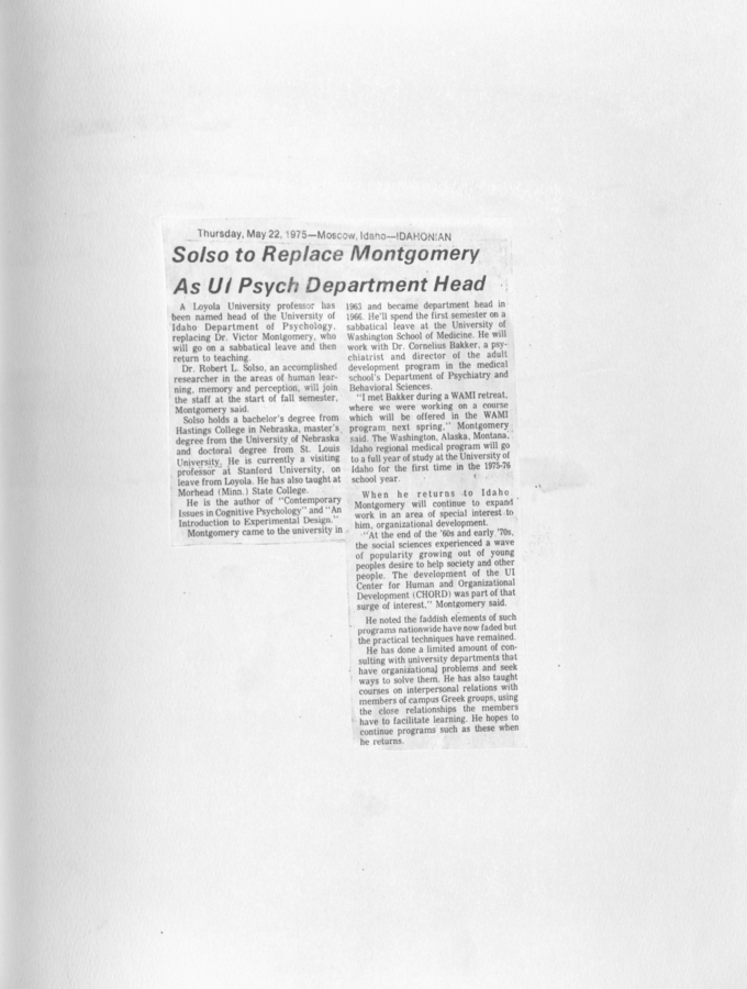 A newspaper clipping announcing Dr. Roger Solso replacing Dr. Guy Montgomery as head of the UI Psychology Department.