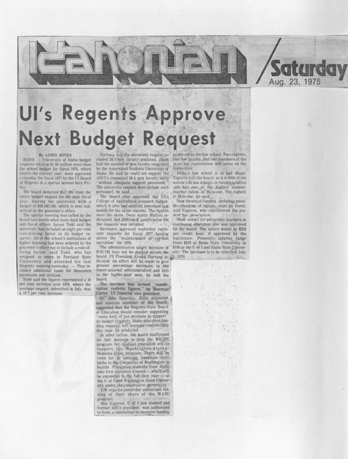 A newspaper clipping discussing the University of Idaho's regents approving the next budget request, including funding for the WAMI program.