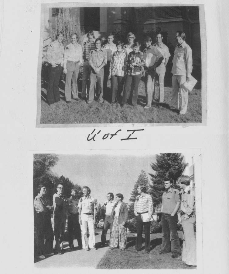 Photographs showing a group of people standing outside a building at the University of Idaho.