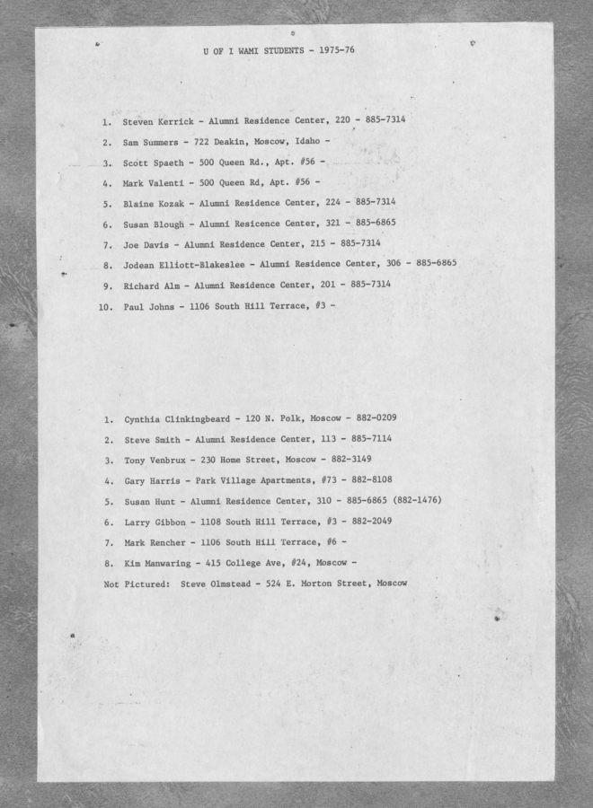 A list of U of I WAMI students for the academic year 1975-76, including their addresses and phone numbers.