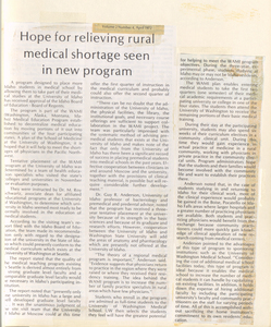 A newspaper clipping discussing the new WAMI program and its potential to relieve the rural medical shortage.