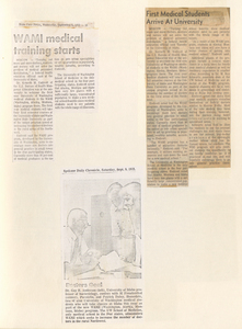 Various newspaper clippings announcing the start of the WAMI medical training program.