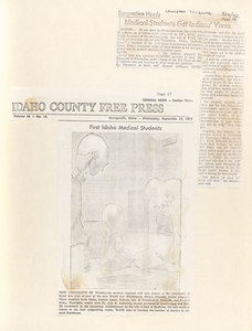 Newspaper clippings from the Idaho County Free Press and Lewiston Tribune, discussing the first Idaho medical students and tribal views.