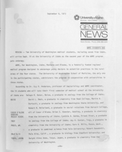 A press release detailing the arrival and registration of University of Washington medical students at the University of Idaho for the WAMI program.