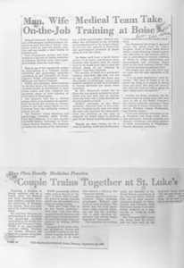 Newspaper clippings discussing the on-the-job training of a medical couple at Boise and their subsequent family medicine practice training at St. Luke's.