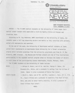 A press release detailing the registration and initial activities of University of Washington medical students at the University of Idaho for the WAMI program.