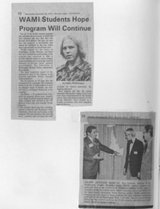 Newspaper clippings featuring WAMI student Jay Hunter discussing the continuation of the WAMI program, and another with Dr. Roy Schwarz addressing doctor shortages.