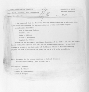 A memo to the WAMI Accreditation Committee from Guy R. Anderson, listing faculty members for the advisory group to establish grounds for Idaho WAMI Program accreditation.