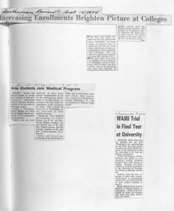 Newspaper clippings discussing increasing enrollments, students joining the WAMI program, and the final year trial of the WAMI program at the University of Idaho.