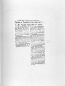 A newspaper clipping announcing Dr. Roger Solso replacing Dr. Guy Montgomery as head of the UI Psychology Department.